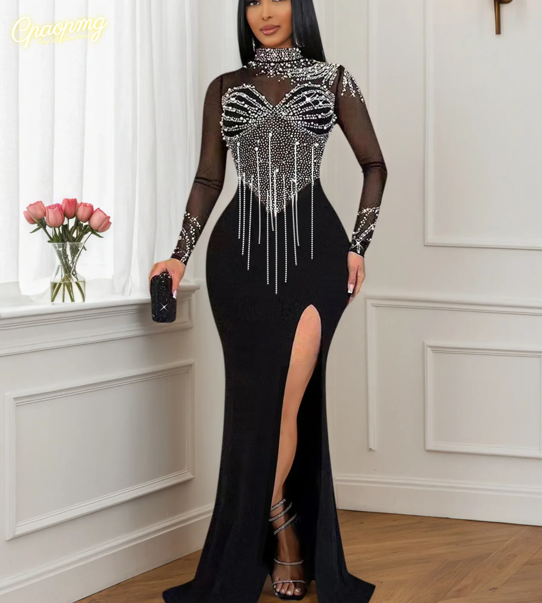 Customized diamond studded pearl dress with chain, heavy craftsmanship dress with slit and floor length women's evening dress