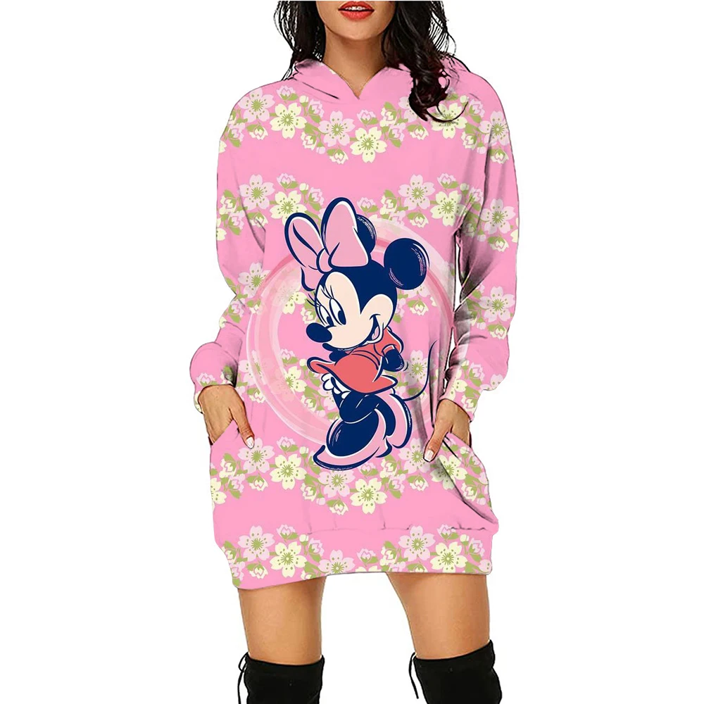 Autumn Winter Disney Mickey Mouse Mickey Print Hoodie Sweater Dress Casual Street Style Fashion Simple Ladies Sweater Dress