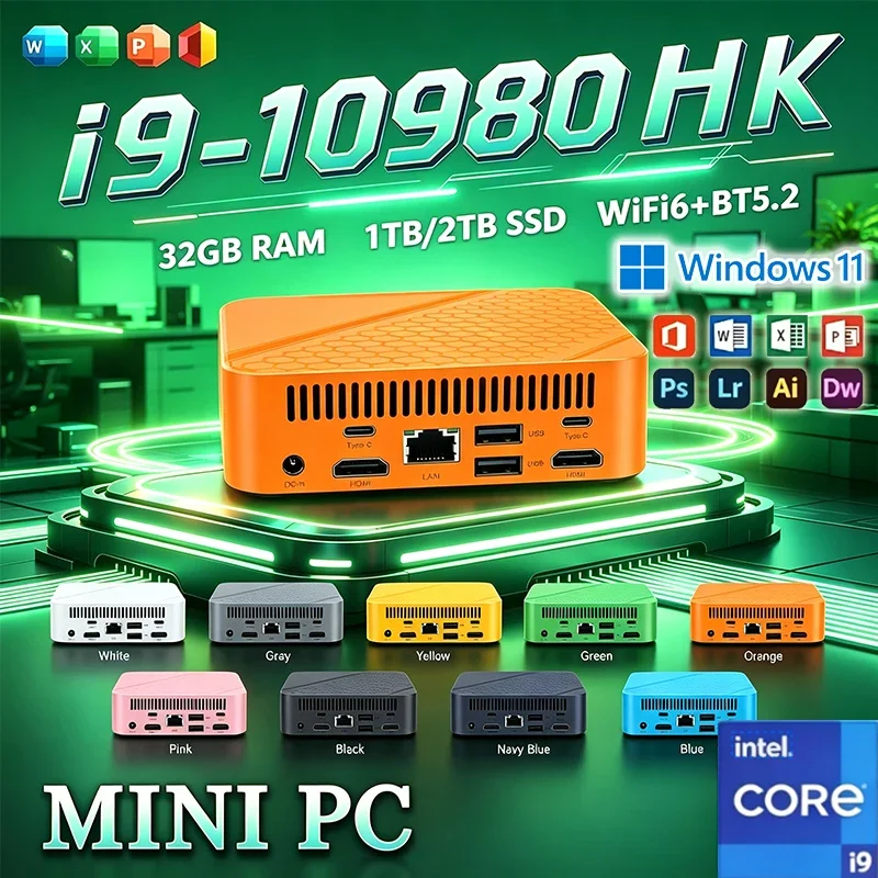 Intel i9 10980HK Mini PC Dual LAN Windows 11 Pro 16GB RAM 1TB 2TB M.2 SSD WIFI6 BT5.2 4K HD Gaming Server HTPC Study