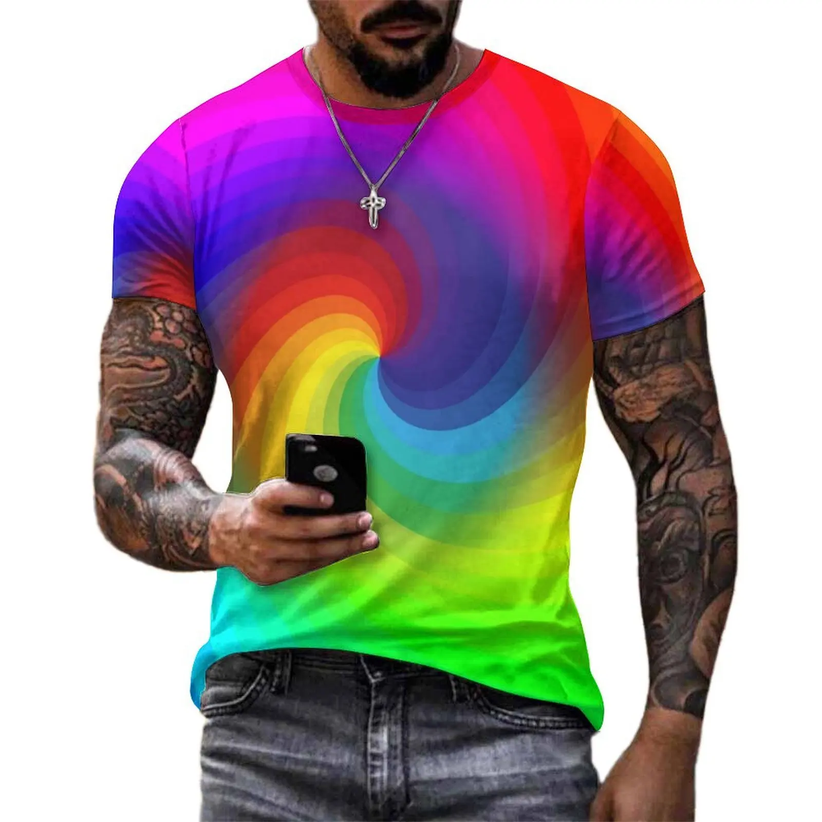Oversize T-Shirt Beach Rainbow Swirl Art T Shirts Colorful Tie Dye Streetwear O Neck Tshirt Mens Vintage Design Tops