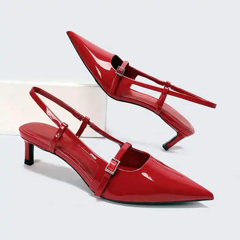 Sexy Pointed Toe Sandals Women Summer Red Thin High Heels for Women Patent Leather Back Trip Strap Mules Wedding Women Pumps