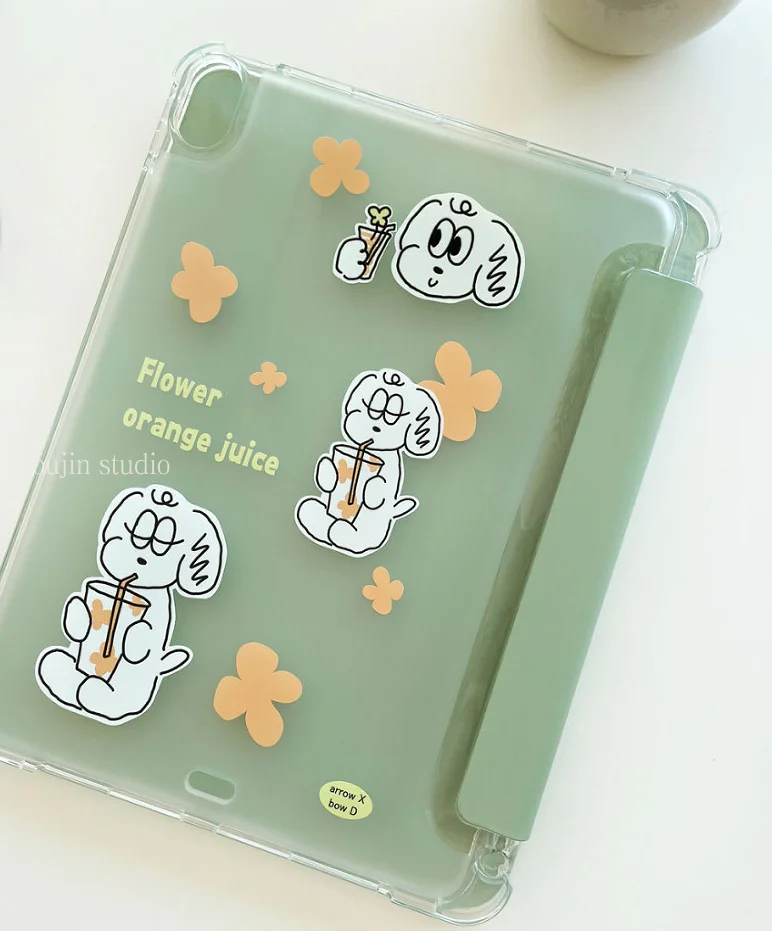 Korean Instagram Niche fresh design Cute cartoon and orange juice dog green holster for Tablet 2021iPad Case 2022/ case air5 Tab