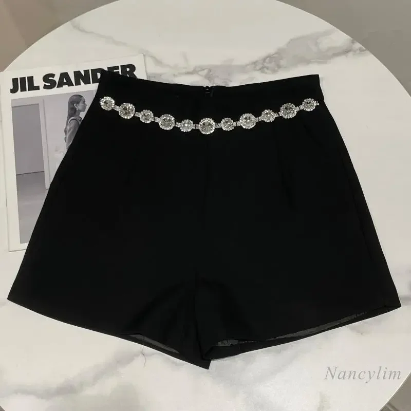 Rhinestone Chain Waist Shorts Women 2024 New Fashion Temperament All-Match Short Femme White Black Nancylim