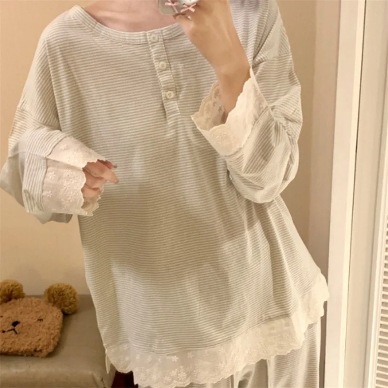 Pajama Women Autumn Winter Long sleeved Pants Set Korean Sweet Lace Casual Striped Home Suit Two-piece Sleepwear Pijama Mujer