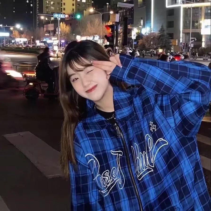 

American Sle Street Blue Plaid Jaet Men's Coat Autumn Hip Hop Retro Embroidery Couple's Top Breathable Loose Fit Polyeste...