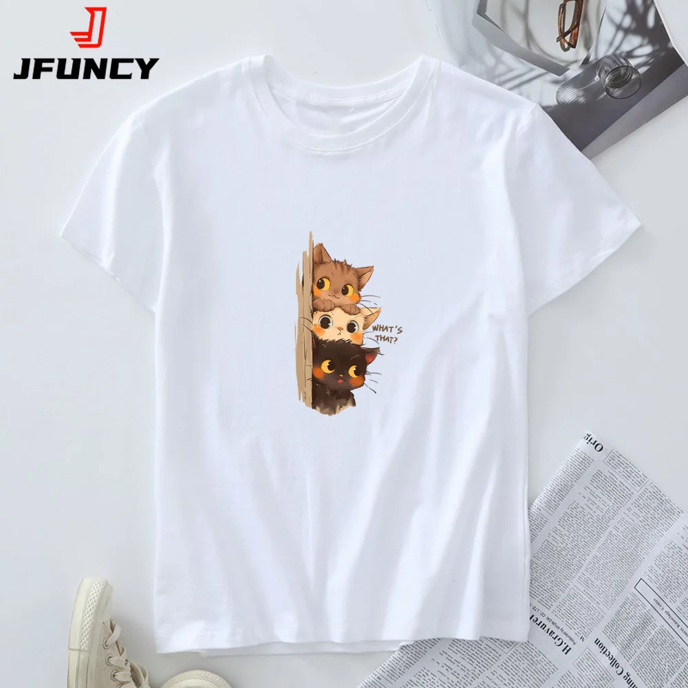 

Women's T Shirt 100% Cotton Tshirt Oversized Women's Top Summer 2025 Cute Cat Graphic Clothing Multi-Color Short Sleeve Tees