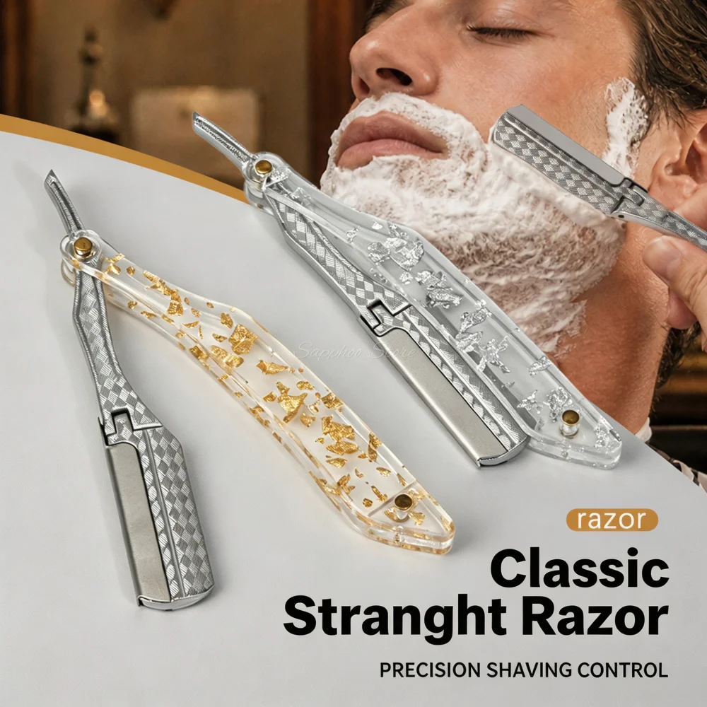 2026 Barber Folding Straight Razor Flip‑Top Replaceable Blade Shaver Acrylic Handle Razor for Facial Hair Removal Hair Styling