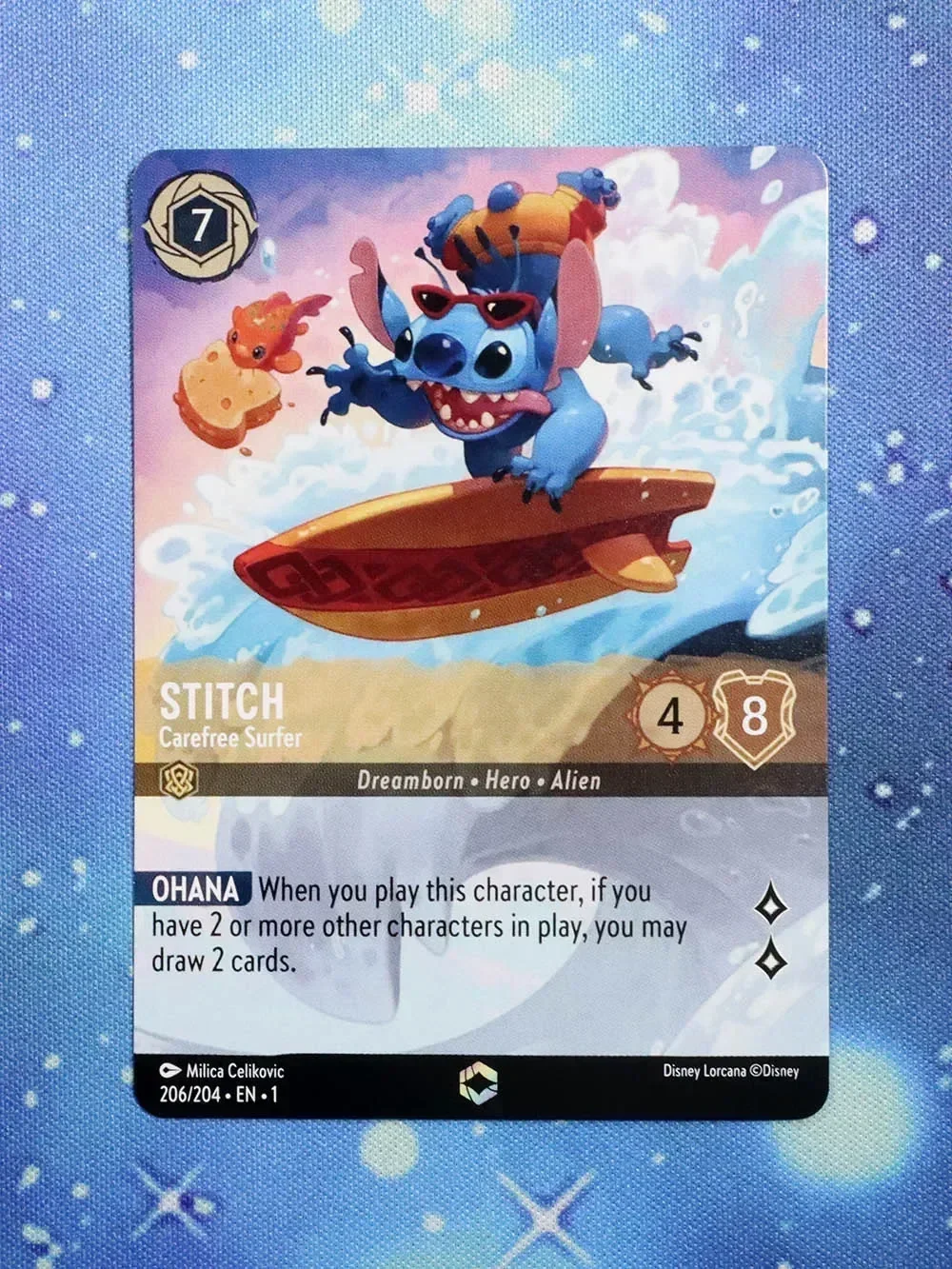 

Disney Lorcana Proxy The First Chapter NoneFoil – Stitch – Carefree Surfer (Alternate Art) (206/204)TCG Game Cards