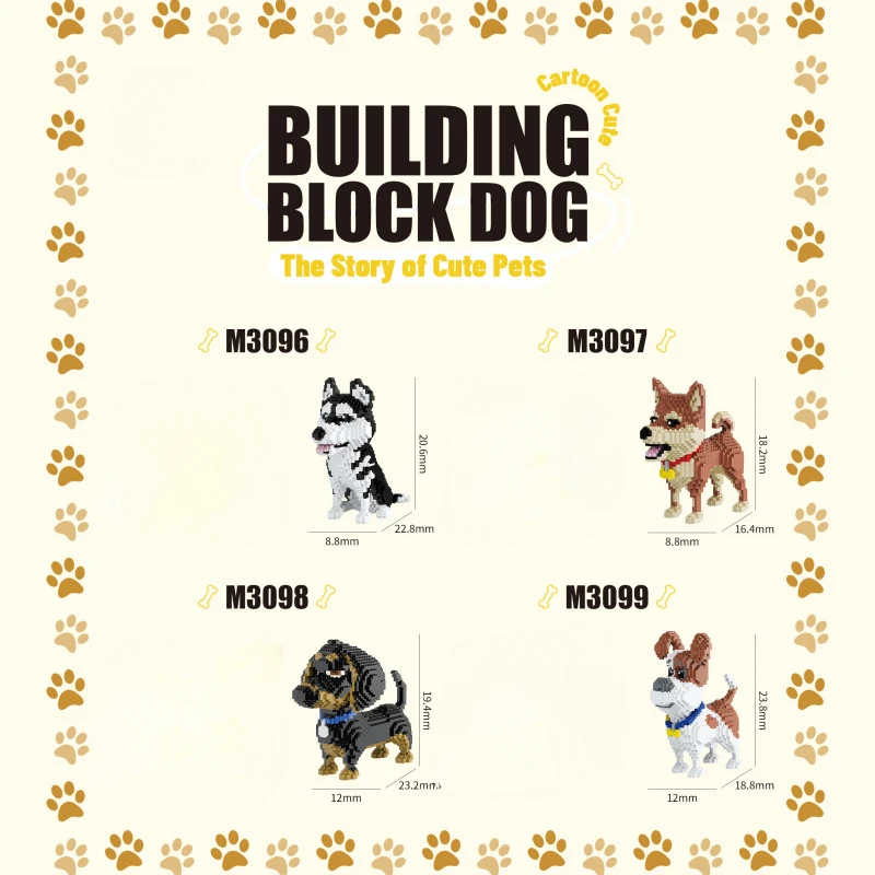 Micro blocos de construção da série animal do cão bonito brinquedo para crianças, blocos de empilhamento conjunto com partículas finas, presente de montagem educacional