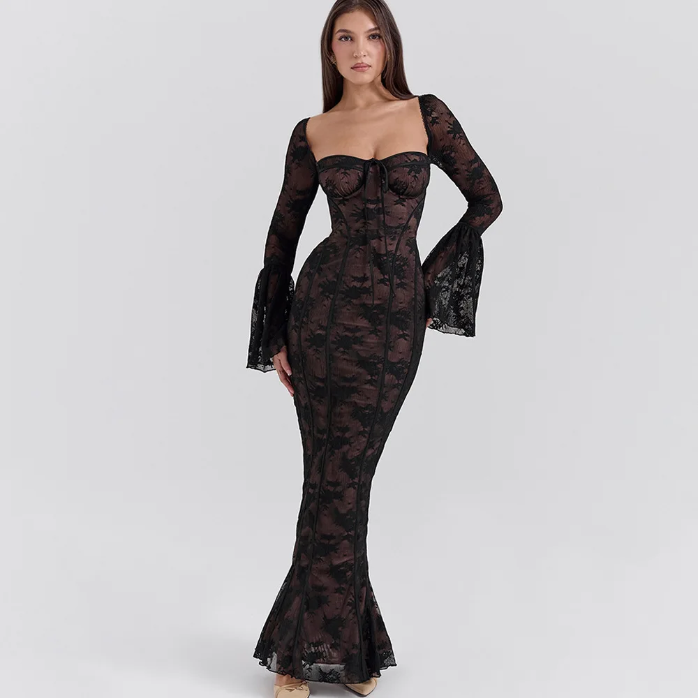 

New flared sleeves, sexy lace tube top, long dress, fashionable Spice Girl backless hip dress party, sexy temperament, elegant h