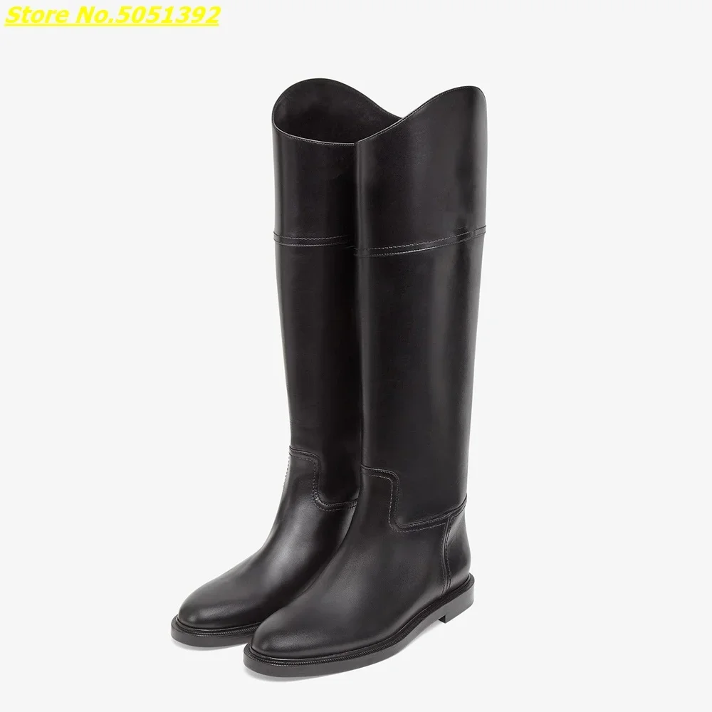 Leather Low Heel Knee High Boots Round Toe Brown White Black Stylish Fashion European Dress Runway Women Boots Hee 2.5 cm