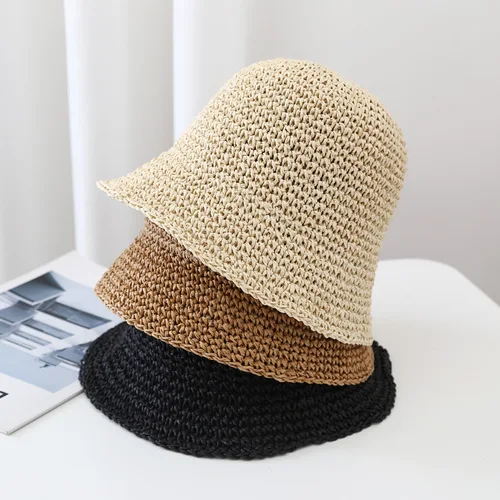 Sombrero de cubo de ganchillo hecho a mano para mujer, sombrilla de verano al aire libre, transpirable, estilo japonés, gorra de pescador de paja de papel