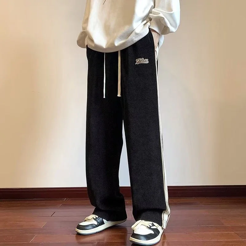 

2025 New Side Striped Baggy Corduroy Pants For Men Letter Appliques College Straight-Leg Trousers Y2K Vintage Gym Sweatpants