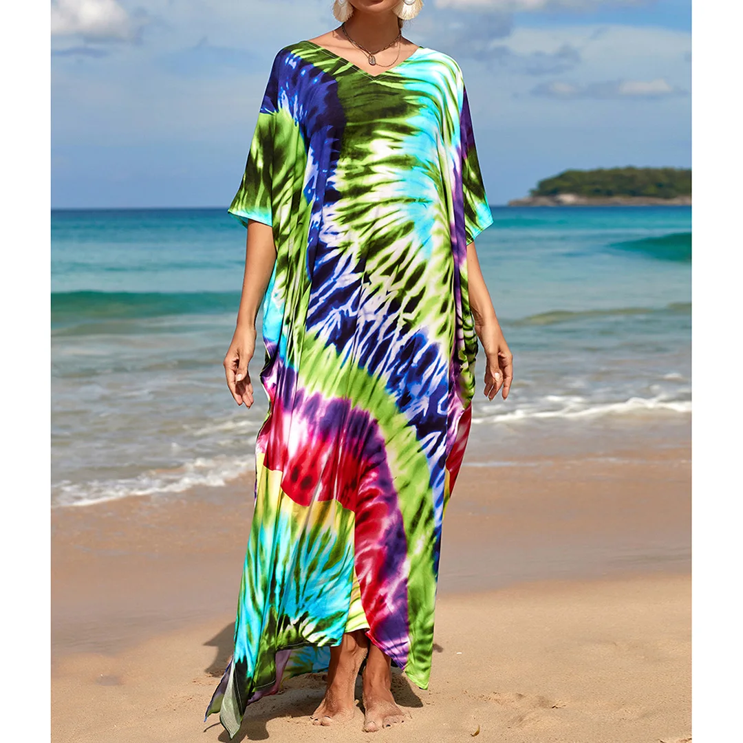 2026 Neues Buntes Kaftan-Tunika Strandkleid Strandmode Strandüberwurf Locker Sitzendes Maxikleid für Damen V4428 – Detail 28