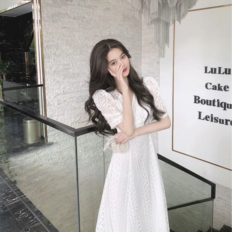 Elegant V-neck Midi Dress Women Summer Puff Sleeve White Casual Party Dress Female Office Kawaii Lace One-piece Dress Korean Y2k