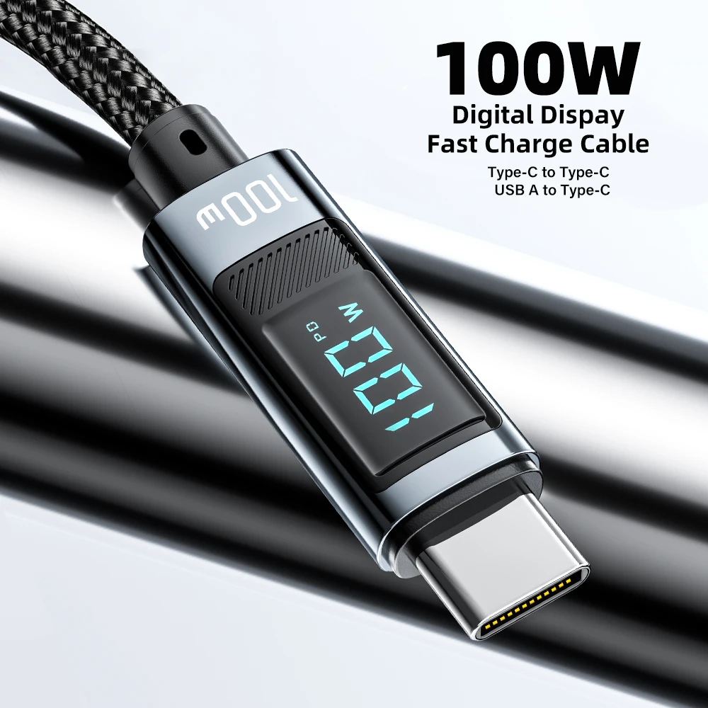 

100W 5A USB Type C to USB C Cable/100W 7A USB A to Type C Cable Fast Charging Cable LED Digital Display Cable For iPhone Xiaomi