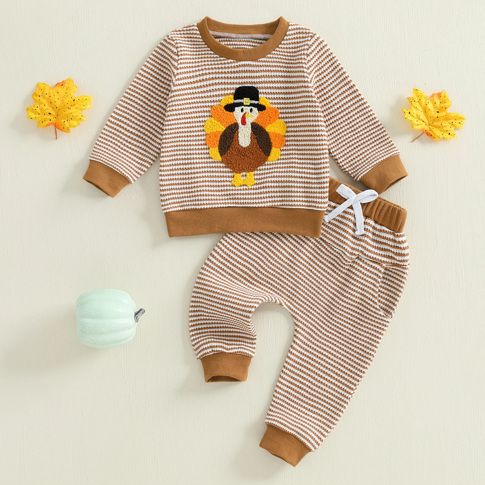 

Infant Boys Thanksgiving Turkey Print Long Sleeve Top and Pants Set with Bow Detail for Fall Outfits Striped Design