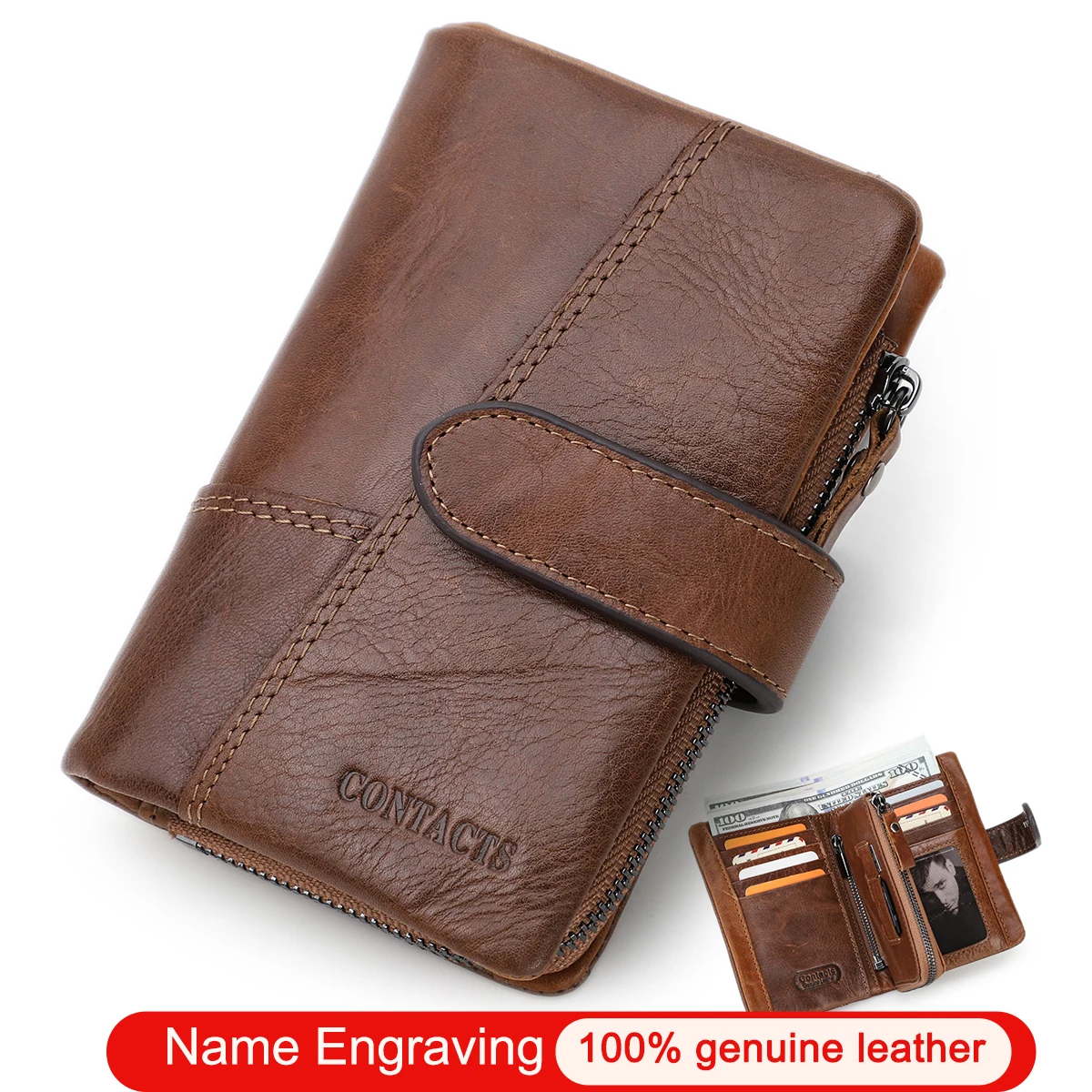 CONTACT'S Genuine Leather Short Wallets for Men Bifold Card Holder Detachable Zipper Coin Purse Money Clip Male Pocket Purse Bag