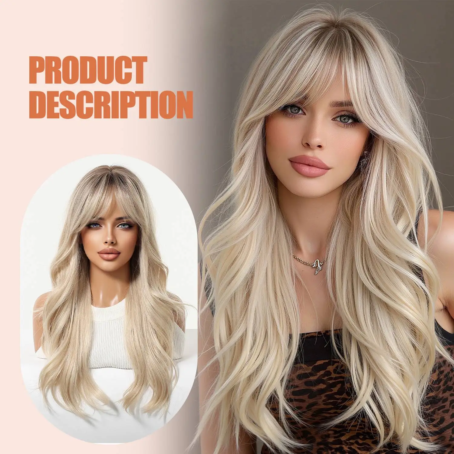 Blonde Ombre Long Wavy Synthetic Wig with Bangs Dark Roots Heat Resistant Fluffy Natural Looking for Women Daily Party Wear Use