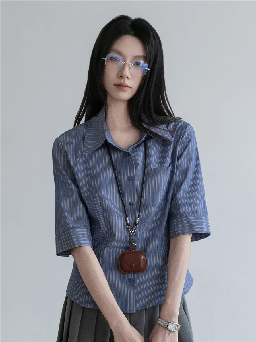 

Blue Striped ort Sve irt Women's Commute Casual Sle Slimming oulder Design Cotton Pure Korean Version Summer 2025