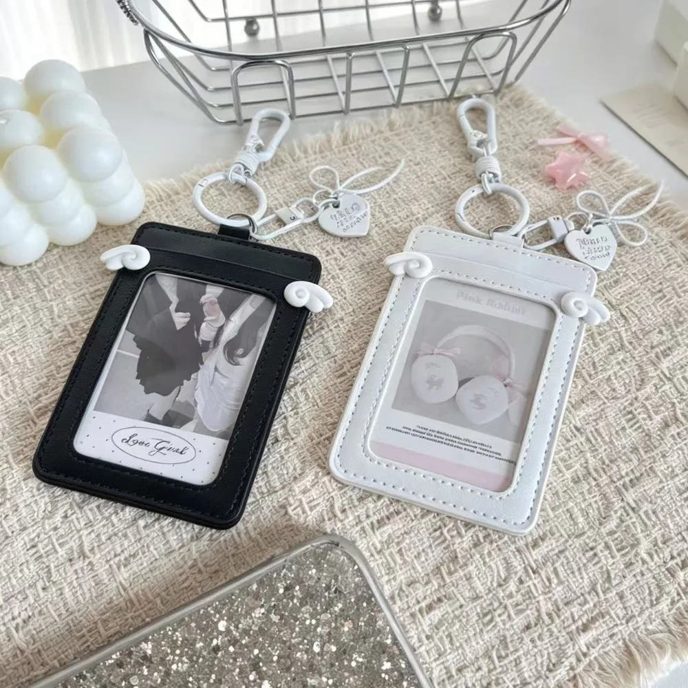 Angel Wings Heart Bow PU Leather Card Holder White Multi-Purpose ID Badge Case for Work K-pop Photocard Bus and Meal Card