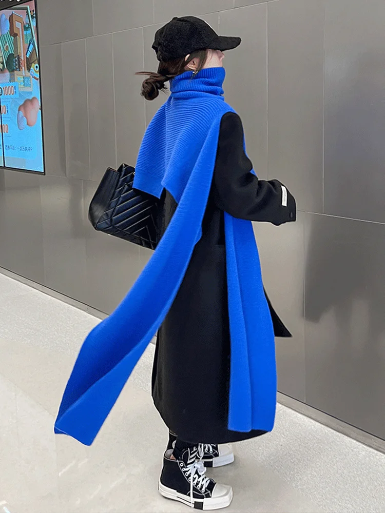 [EWQ] Women Knitting Capes Korean Design Irregular Blue Long Pullover Shawl Scarf winter 2024 autumn New  Female Clothing 6Y3604