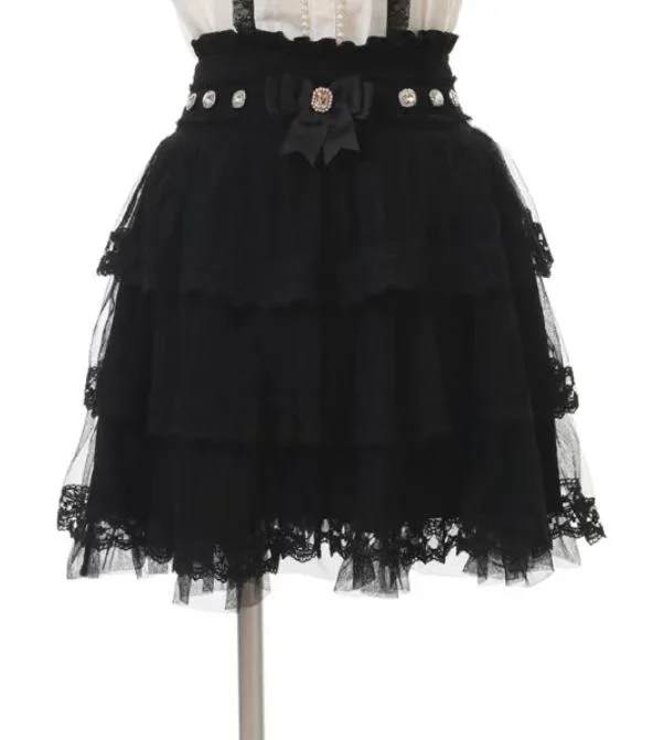 Japanese Cake Skirts Liz Mine Bow Black Skirt 2025 New Summer Sweet Girl Women's Rhienstone Beaded Lace Short Tulle Skirt Lolita