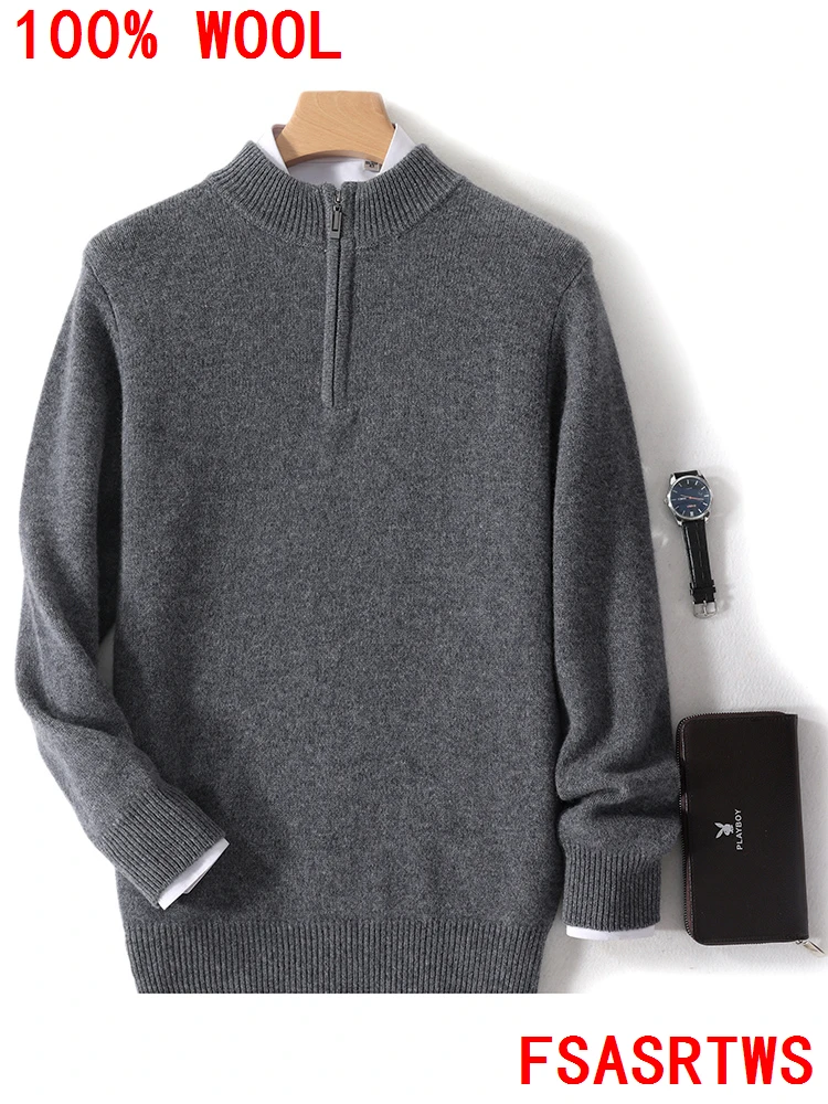 เสื้อสเวตเตอร์แคชเมียร์ผู้ชายคอเต่าครึ่งตัว ซิปหน้า ผ้าขนแกะเมอริโนแท้ 100% คุณภาพสูง สำหรับฤดูใบไม้ร่วงและฤดูหนาว สไตล์ลำลอง ไซส์ใหญ่พิเศษ