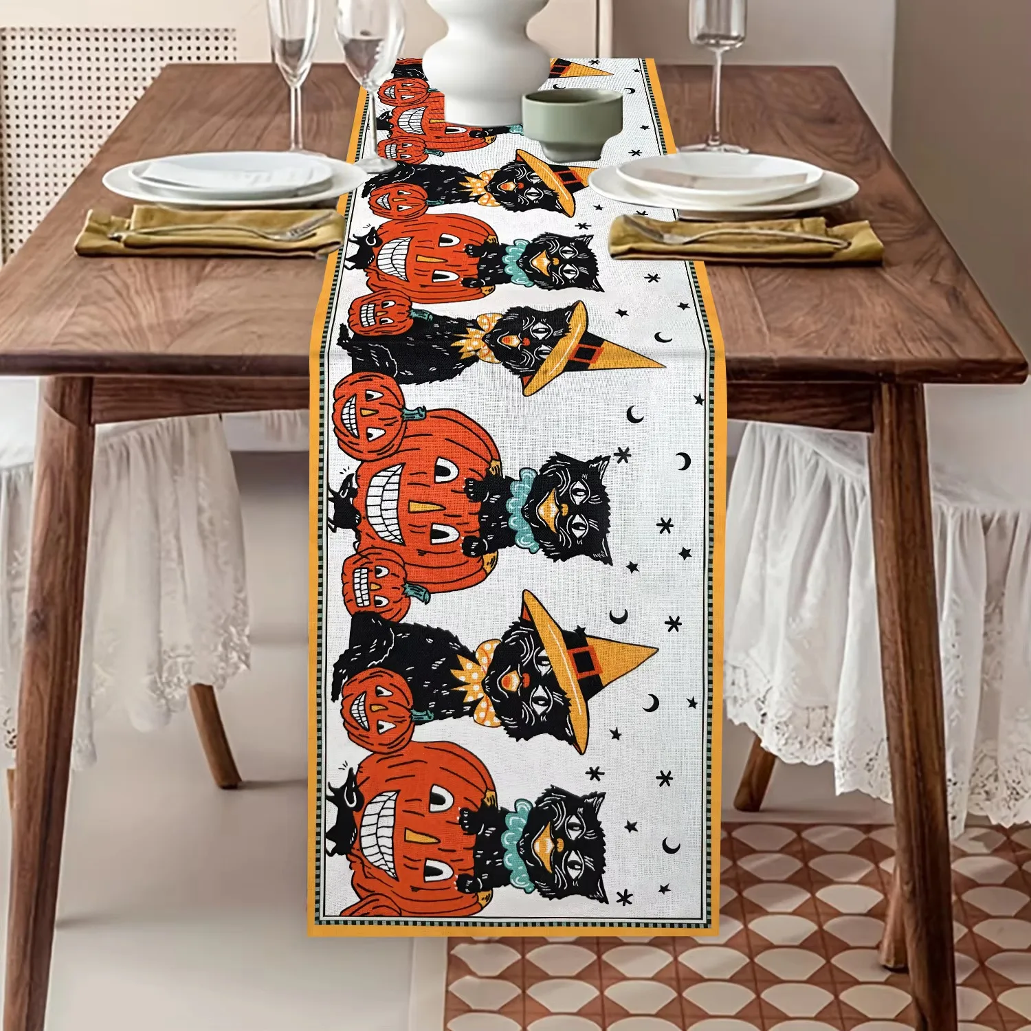 Vintage Halloween Table Runner Pumpkin Cat, Autumn Indoor Outdoor Decor for Kitchen Party and Home