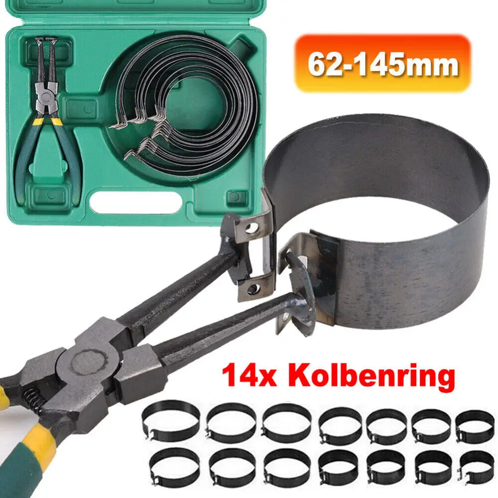 Werkzeugsatz für Kolbenringkompressoren Ø62-145mm. Wird für Automotoren, Fahrzeugwartungsklemmen, Ratschenzangen und Aufbewahrungskoffer verwendet.