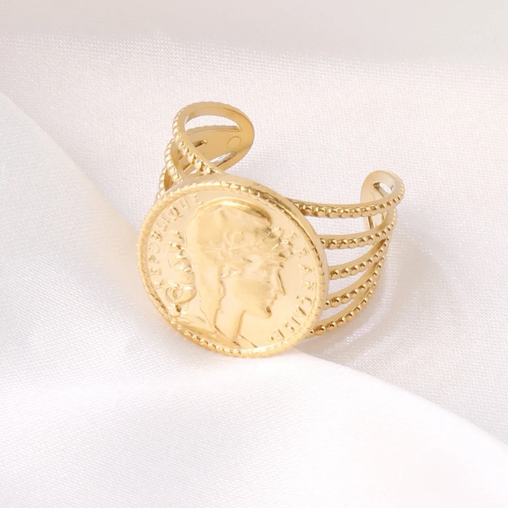 316L Stainless Steel Roman Caesar Head Rings For Women Men Vintage Open Wide Portrait Coin Ring Femme Male Daily Jewelry Gifts