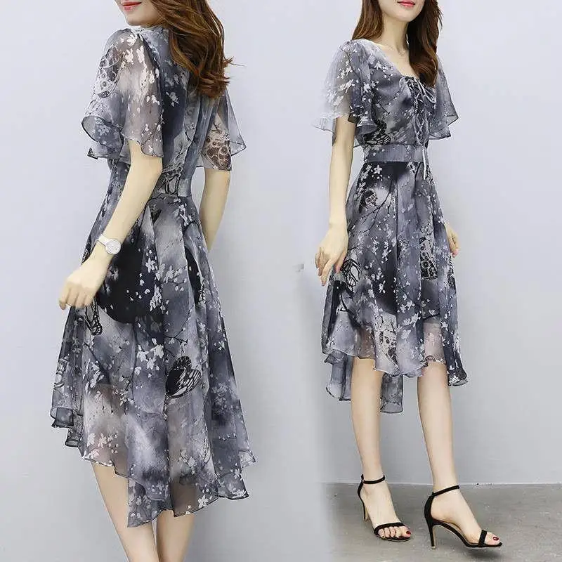 Phụ Nữ Chiffon In Ăn Mặc 2022 Mới Phụ Nữ Thanh Lịch V-Cổ Đuốc Tay Áo Không Thường Xuyên Dài Đến Đầu Gối Váy Vestidos Nữ Quần Áo Mùa Hè