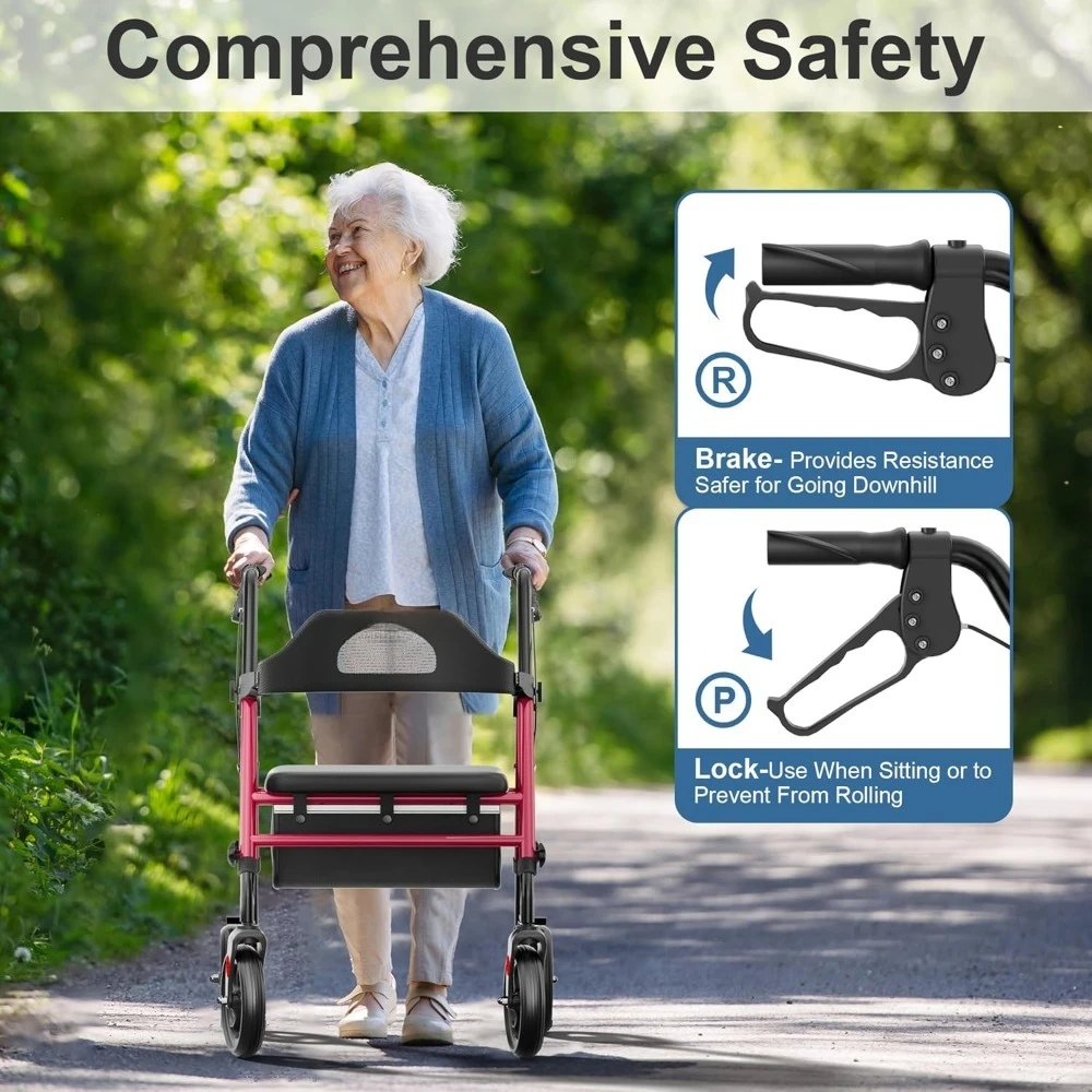 Foldable Rollator Walker with Seat for Seniors 8 Inch Big Wheels 350 lbs Capacity Adjustable Handles and Seat Height
