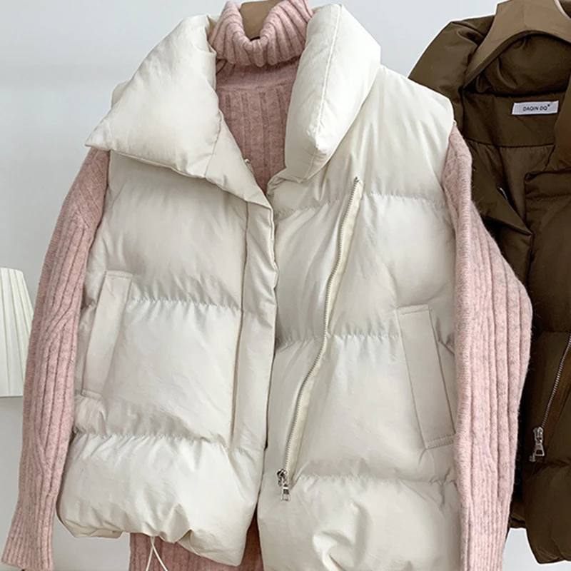 

New Winter Cotton Vest Women Warm Coat Stand Collar Zipper Sleeveless Jacket Overcoat Loose Drawstring Waistcoat Vest Coats