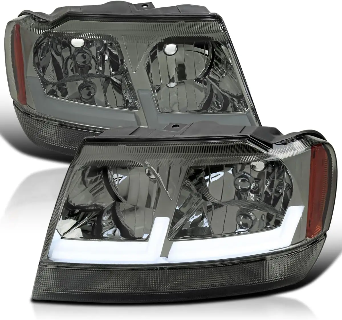 

Smoke Headlights with Fiber Optic LED Strips Compatible with 1999-2004 Jeep Grand Cherokee, Left + Right Pair Headlamp Assembly