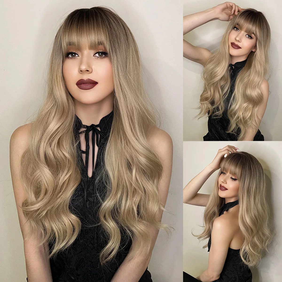 

European and American popular brown wig headgear gradual change color wig long curly hair fashion layered Qi bangs Wigs