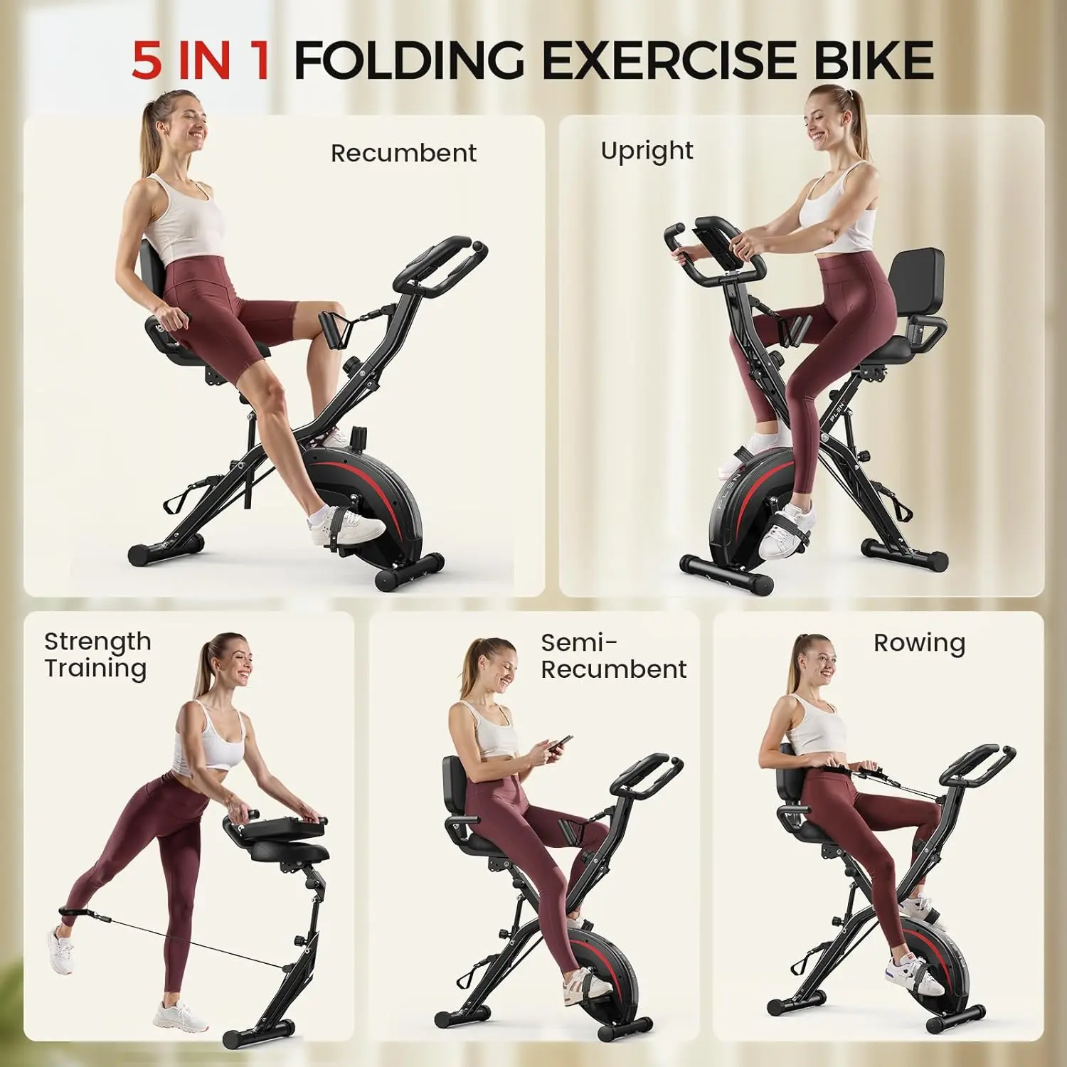 Folding Bike, 5 IN 1 Stationary Bike 5.5 LBS Flywheel Exercise Bike, Indoor Workout Bike 330LB Weight Capacity Back Support Cush