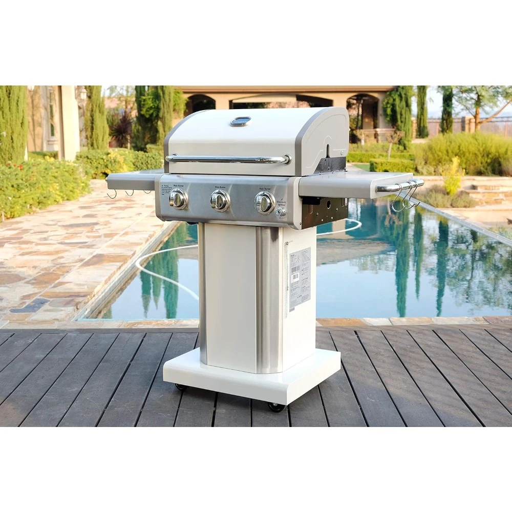 3-Burner Outdoor BBQ Grill | Liquid Propane Barbecue Gas Grill with Folding Sides,Pedestal Grill with Wheels,Pearl White