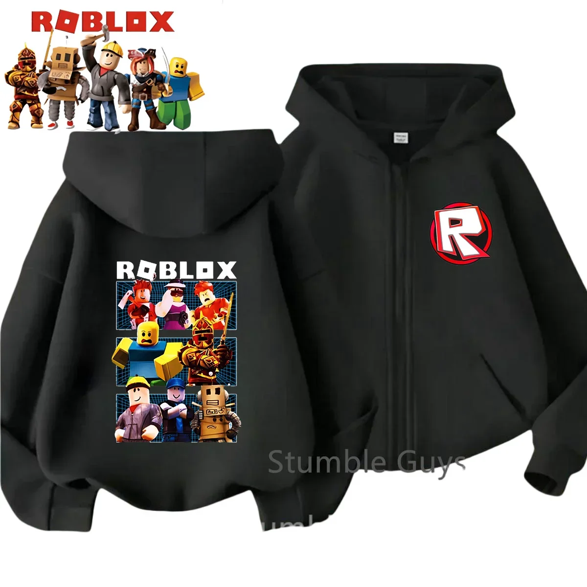 سويت شيرت Roblox Kids لربيع الخريف بقلنسوة بسحاب، سويت شيرت عصري مطبوع عليه لعبة للأولاد والبنات