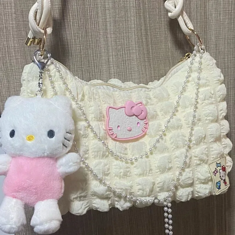 Sanrio Original New Hello Kitty borsa a tracolla a contrasto catena di perle giapponesi borse portatili moda versatili borse ascellari