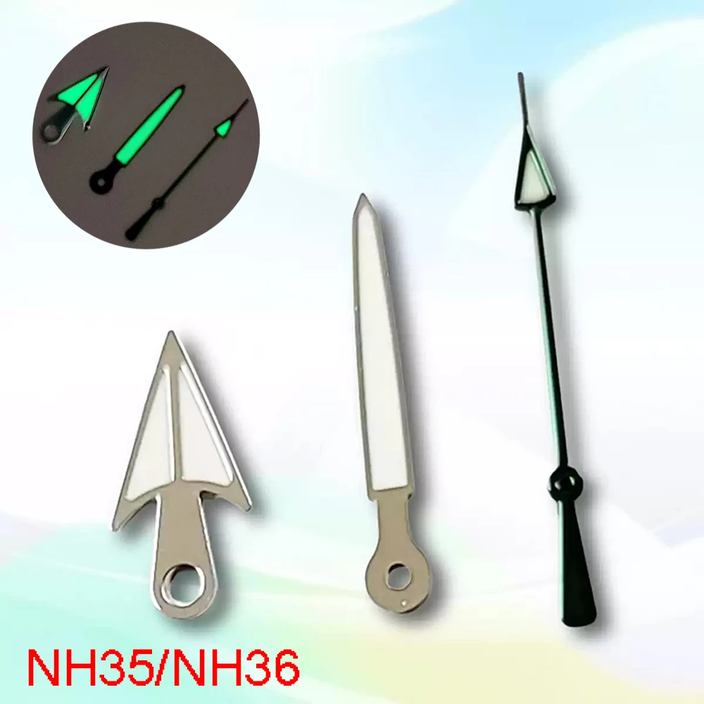 Silver Green Second Hand on a Pointed Umbrella Green Luminous Needles watch repair and modification Parts for NH35/NH36 Movement