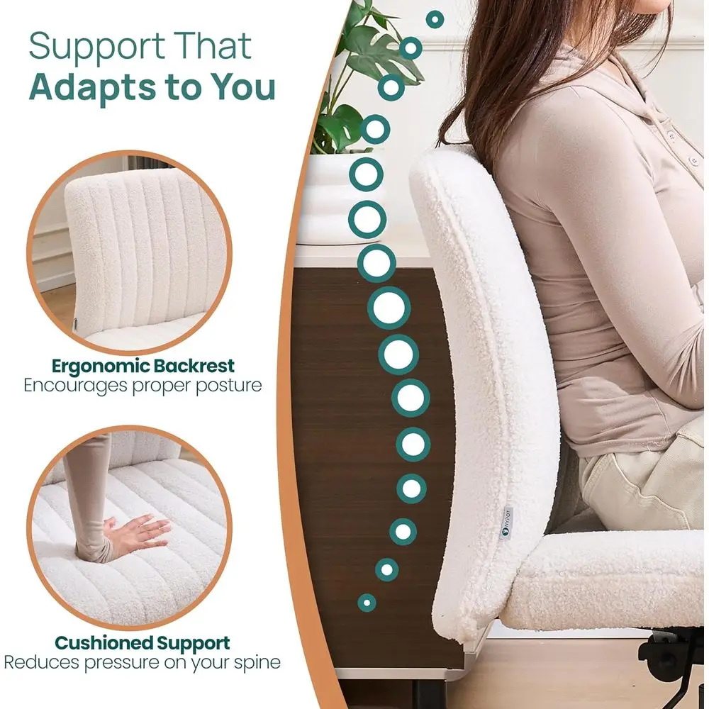 Wheeled Armless Desk Chair for Cross-Legged Sitting, 360° Swivel & 120° Rocking, White Sherpa Comfort