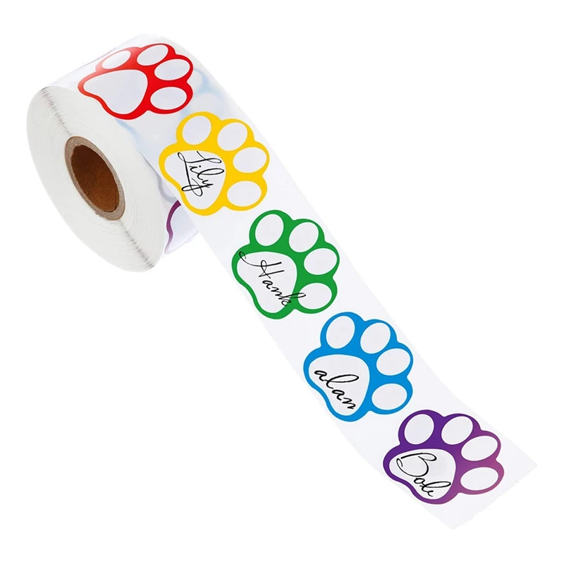 Pratique un rouleau de 500 pièces d'autocollants de patte colorés étiquettes de nom de patte de chien étiquettes autocollants empreinte de patte, 1 pouce (couleur mixte)
