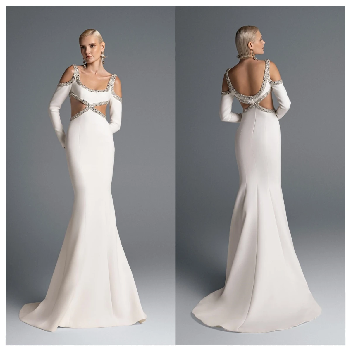 Robe de soirée en Jersey blanc délicat, personnalisée, col carré, bretelles Spaghetti, manches longues, robes de célébrité sirène, cri