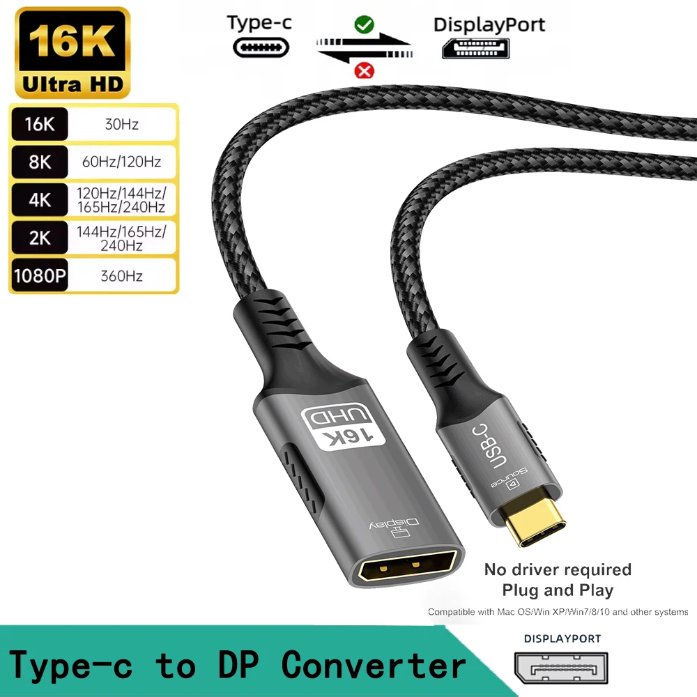 Typ C auf DP-Verlängerungskabel USB C auf DisplayPort-Adapter 16K DP 2.1 Konverter für Thunderbolt 4 MacBook Huawei Air Projektor
