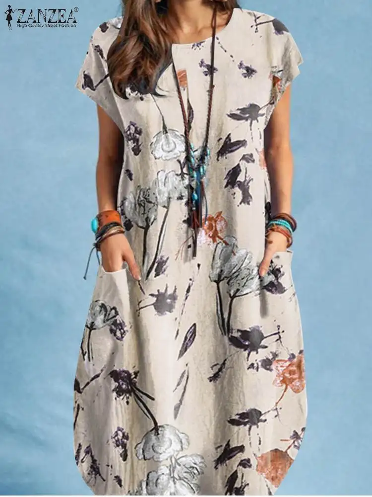 ZANZEA-Vestido de verano con estampado Floral para mujer, traje bohemio de manga corta con cuello redondo y bolsillos, elegante e informal, para vacaciones