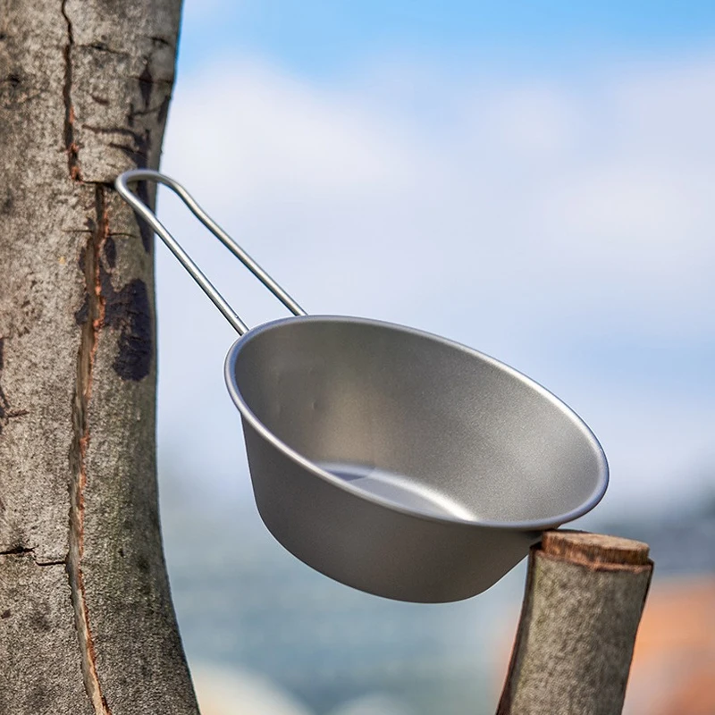 Camping Pure Titanium Bowl Foldable Handle Outdoor Hiking Kitchenware Portable Heated Picnic Utensils