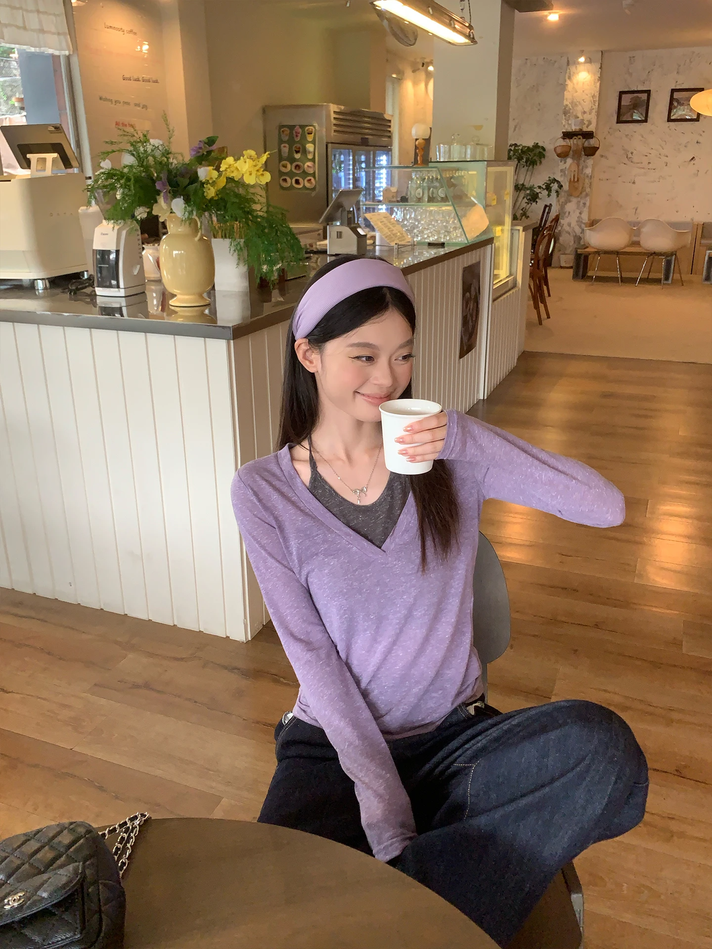 Purple Long Sleeve Slim Fit T-Shirt Women's Early Autumn Korean Design Good Looking Inner Wear Commute Style Standard Size