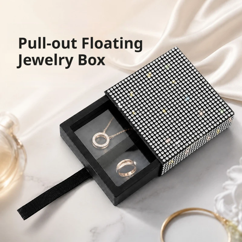 Bling Rhinestone Pull Out Floating Ring Box Portable Luxury Jewelry Gift Box For Proposal Engagement Wedding