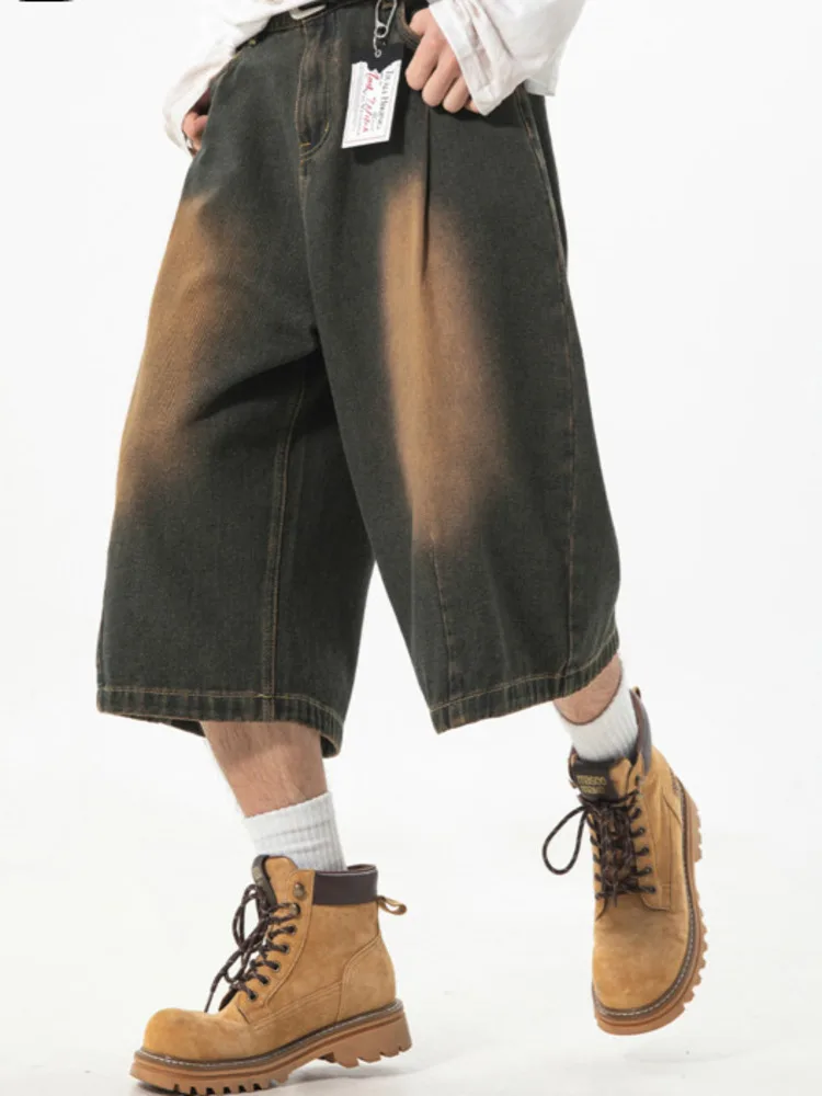Gradient Washed Men's Baggy Denim Shorts Culottes Oversized Wide Leg Vintage Distressed Casual Summer Cropped Jeans FKS2